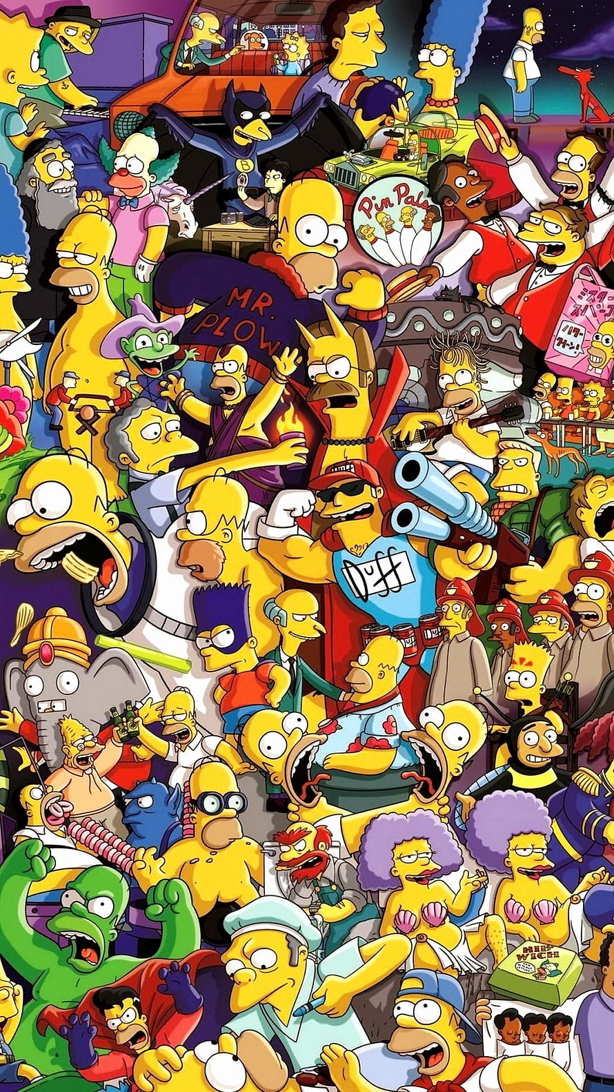 The Simpsons Doodle Art Featuring Homer, Bart, Marge, and a Crowd of Iconic Characters in a Vibrant Chaotic Scene HD phone wallpaper