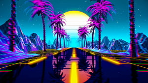Retro Synthwave Highway with Neon Palm Trees and Grid Landscape HD wallpaper