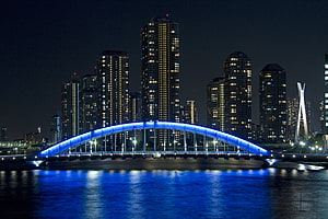 Tokyo Night Skyline With Illuminated Blue Arch Bridge Over Water HD wallpaper
