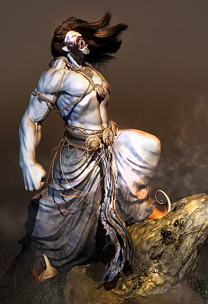 Ravanasura Demon King Digital Sculpture with Flowing Hair and Ornate Gold Jewelry HD phone wallpaper