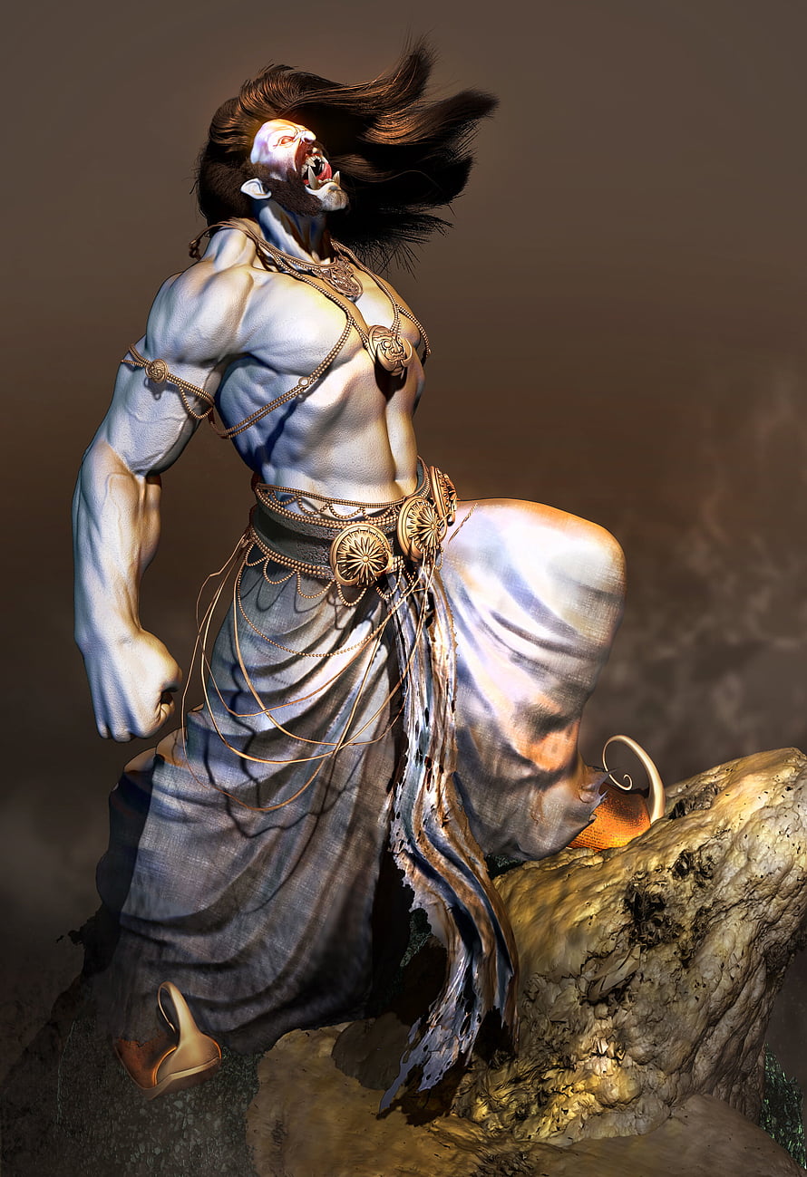 Ravanasura Demon King Digital Sculpture with Flowing Hair and Ornate Gold Jewelry HD phone wallpaper