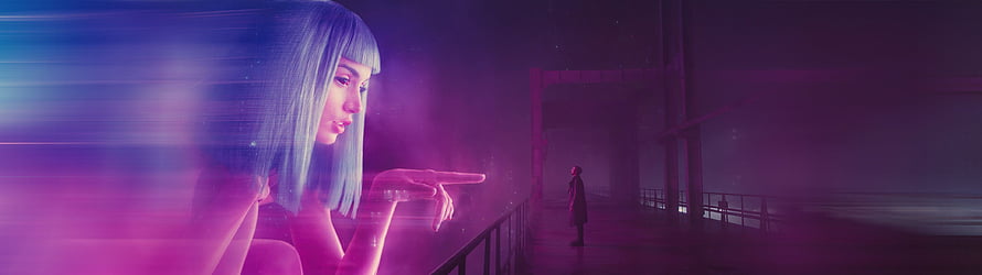Blade Runner 2049 Joi Hologram Scene with Neon Purple Atmosphere and Distant Figure HD wallpaper