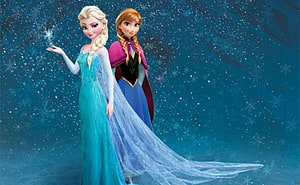 Elsa and Anna from Frozen in Winter Gowns Against Snowy Blue Background HD wallpaper