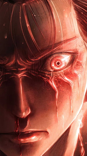 Eren Yeager Intense Close-Up with Glowing Red Eye and Blood Tears HD phone wallpaper