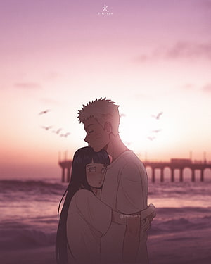 Naruto and Hinata Embracing on the Beach at Sunset in Anime Style HD phone wallpaper