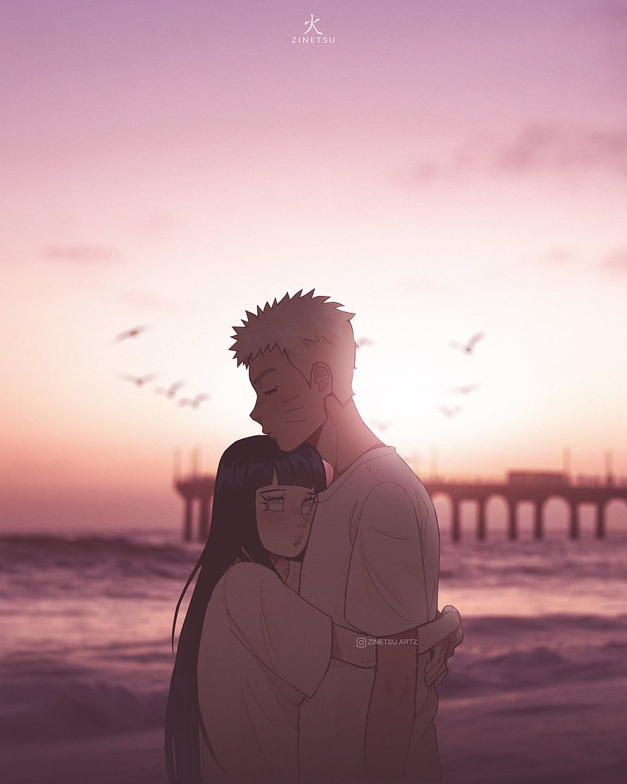 Naruto and Hinata Embracing on the Beach at Sunset in Anime Style HD phone wallpaper