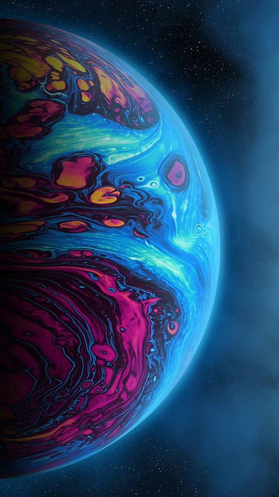 Vibrant Alien Planet with Swirling Neon Surface in Deep Space HD phone wallpaper