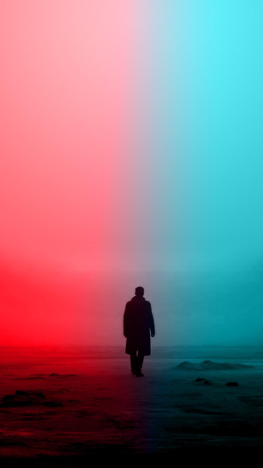 Blade Runner 2049 Silhouette Walking Through Neon Red and Cyan Fog HD phone wallpaper