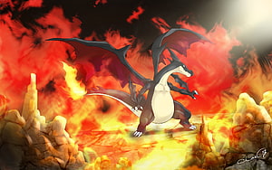 Mega Charizard Y Shiny Form Roaring Through Fiery Volcanic Landscape HD wallpaper
