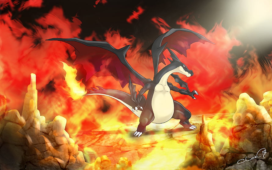 Mega Charizard Y Shiny Form Roaring Through Fiery Volcanic Landscape HD wallpaper