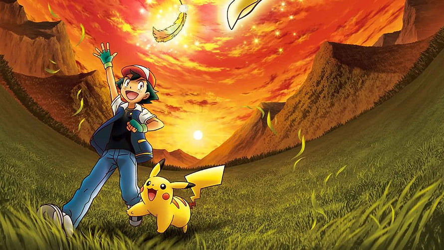 Ash Ketchum and Pikachu Running Through a Vibrant Sunset Valley HD wallpaper