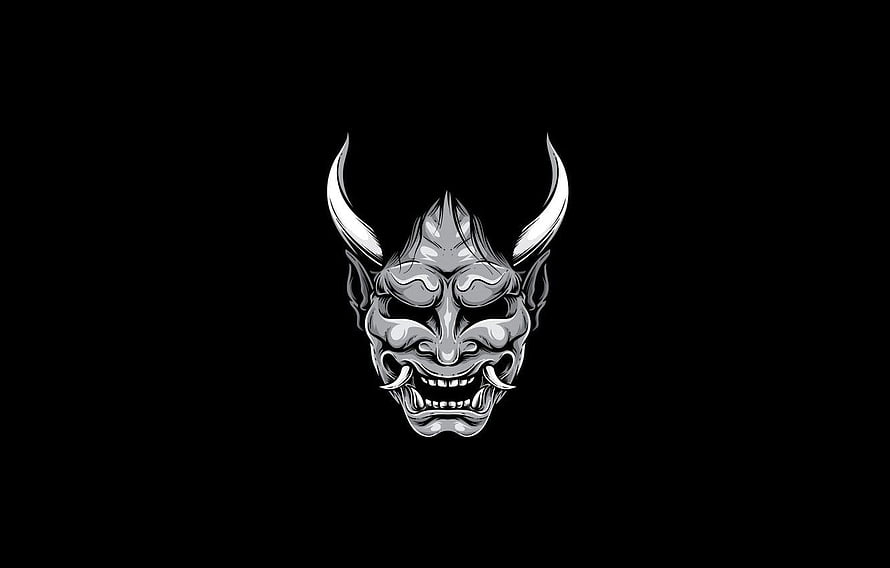 Hannya Demon Mask with Horns and Fierce Expression on Black Background HD wallpaper