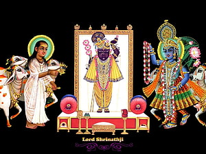Lord Shrinathji with Krishna and Radha in Traditional Indian Temple Art HD wallpaper