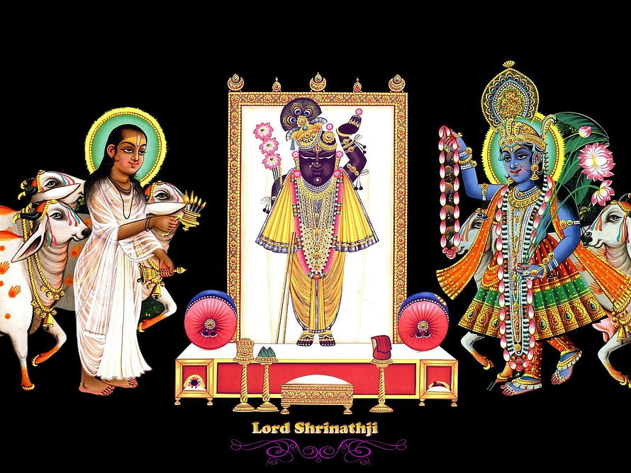 Lord Shrinathji with Krishna and Radha in Traditional Indian Temple Art HD wallpaper