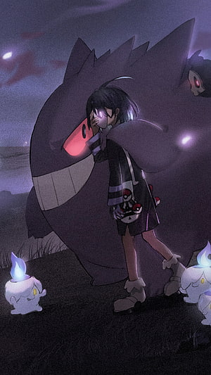 Gengar and Gym Leader Allister in a moody night scene with Lampent from Pokemon Sword and Shield HD phone wallpaper