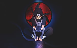 Sasuke Uchiha Meditating Before a Blood Moon in Dark Anime Style HD wallpaper