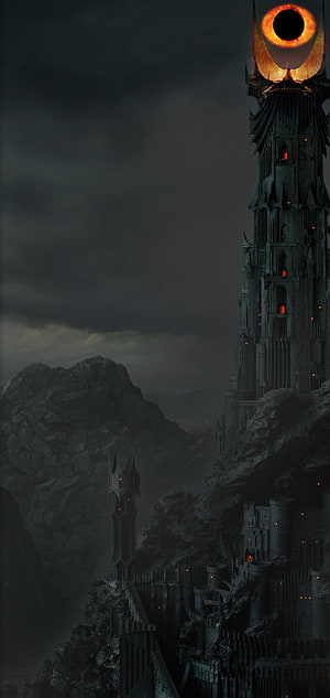 Sauron's Dark Tower and Eye of Fire in a Gothic Fantasy Mountain Fortress HD phone wallpaper