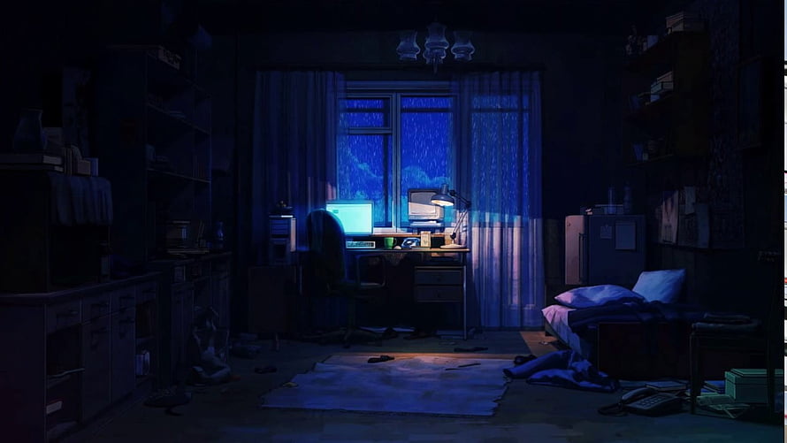 Moody Lo-Fi Bedroom Scene with Rainy Night Window and Glowing Computer Desk HD wallpaper