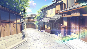Sunny Japanese Town Street with Traditional Wooden Buildings and Stone Path HD wallpaper