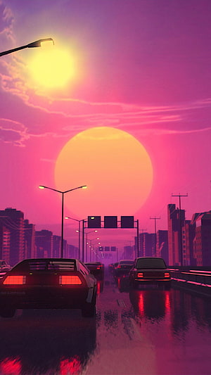 Retro-Futuristic Highway at Dusk with Neon Skyline and Vintage Cars HD phone wallpaper