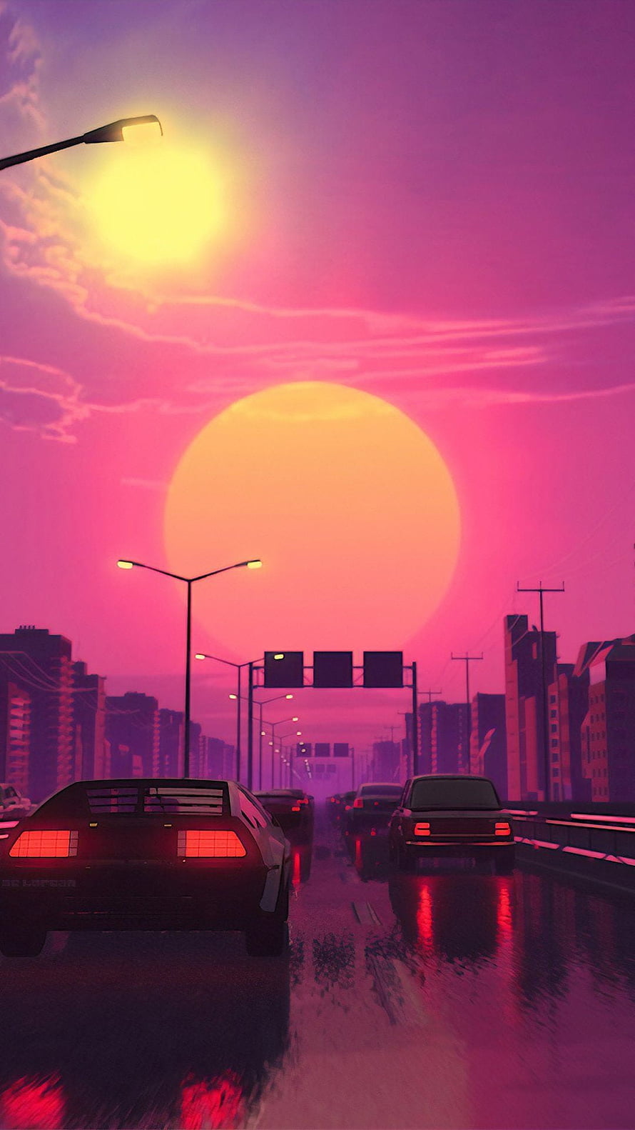 Retro-Futuristic Highway at Dusk with Neon Skyline and Vintage Cars HD phone wallpaper