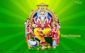 Bhagwan Vishwakarma Seated on Ornate Throne with Family and Peacock on Green Background HD wallpaper