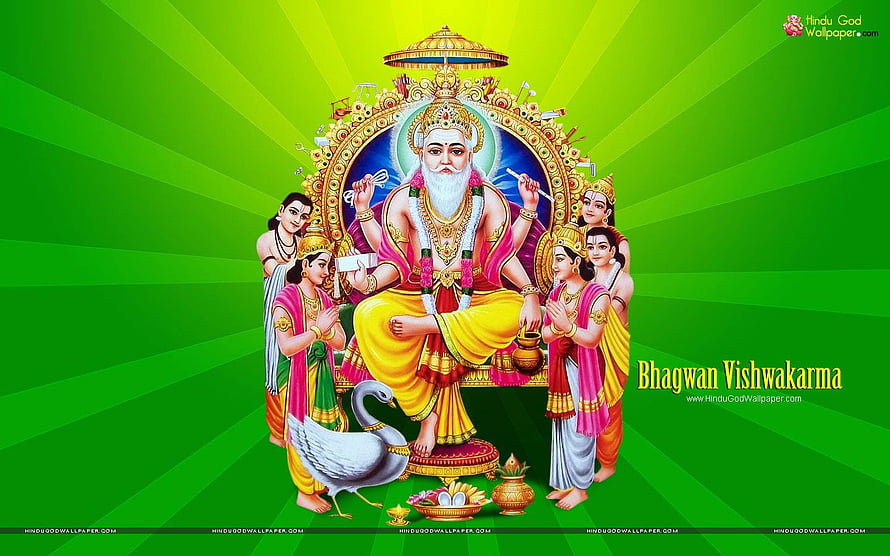 Bhagwan Vishwakarma Seated on Ornate Throne with Family and Peacock on Green Background HD wallpaper