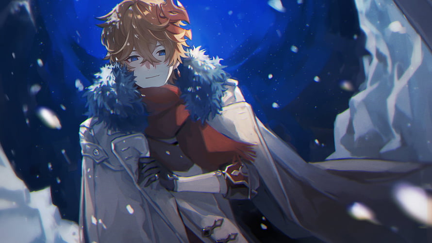 Tartaglia Childe in Winter Coat and Scarf Amidst Snowfall from Genshin Impact HD wallpaper