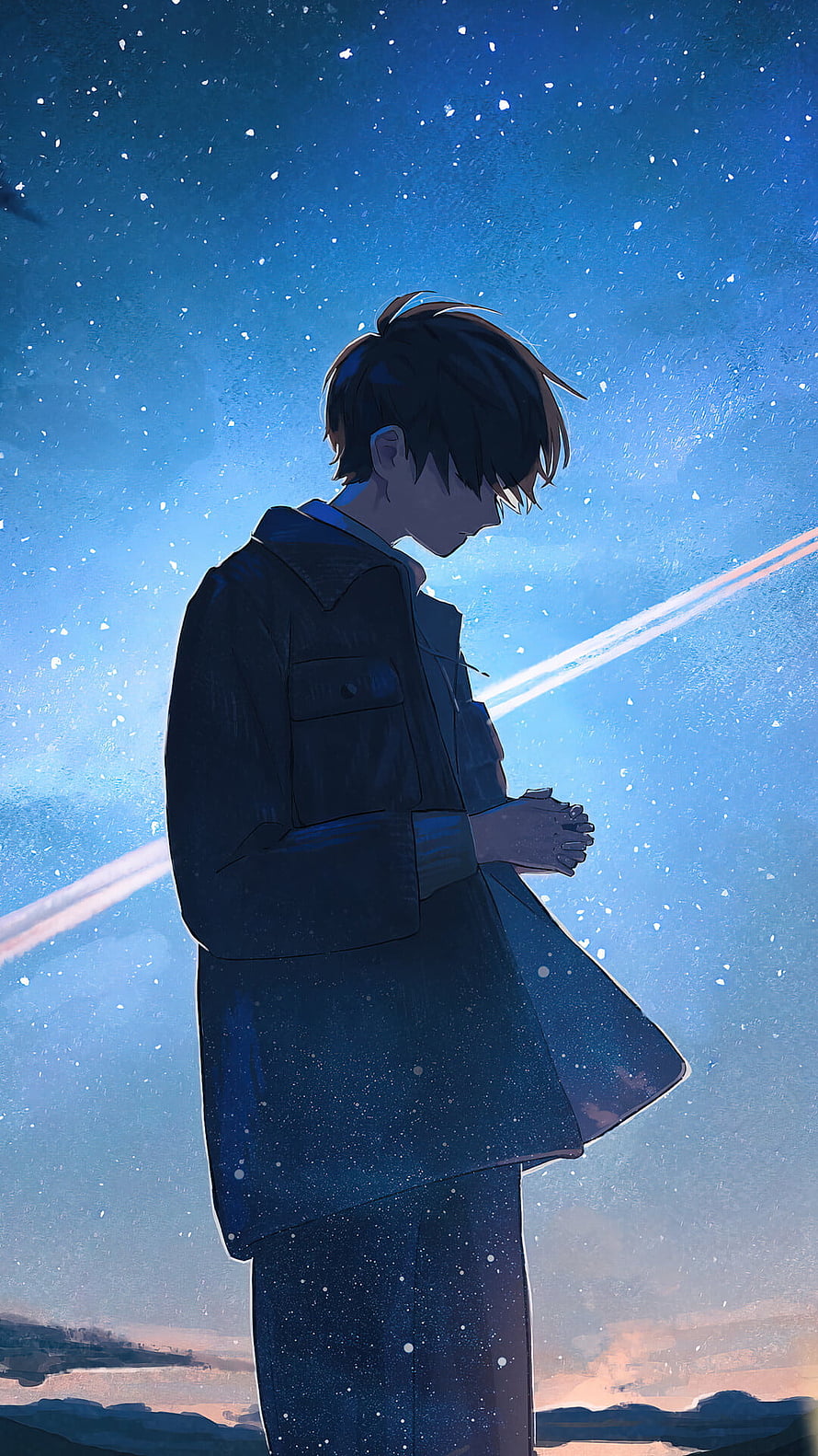 Melancholic Anime Boy Standing Under a Starry Night Sky with Shooting Star HD phone wallpaper