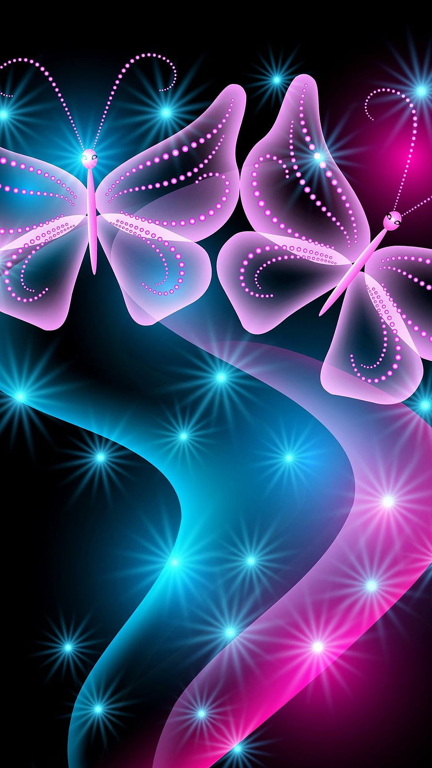 Glowing Neon Butterflies with Starbursts on Dark Abstract Background HD phone wallpaper