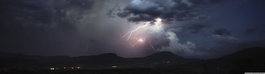 Dramatic Night Lightning Storm Over Dark Mountain Silhouettes HD wallpaper