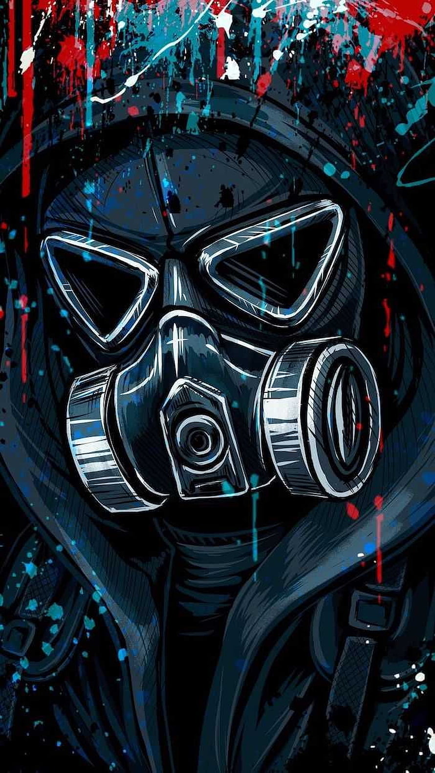 Dark Gas Mask Portrait with Red and Blue Paint Splatter in Comic Style HD phone wallpaper