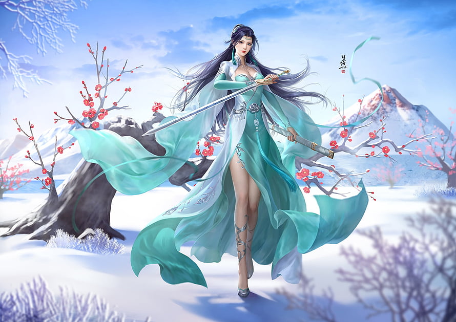 Elegant Fantasy Woman in Flowing Green Robe Holding Sword in Snowy Winter Landscape HD wallpaper