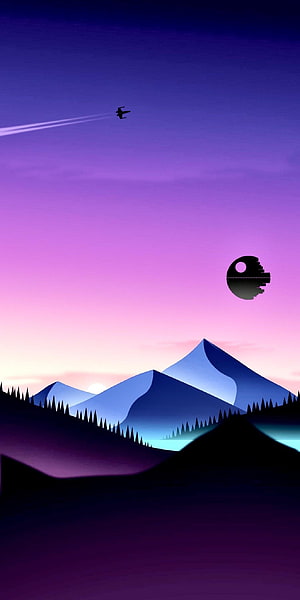 Minimalist Star Wars Landscape with TIE Fighter and Death Star at Dusk HD phone wallpaper