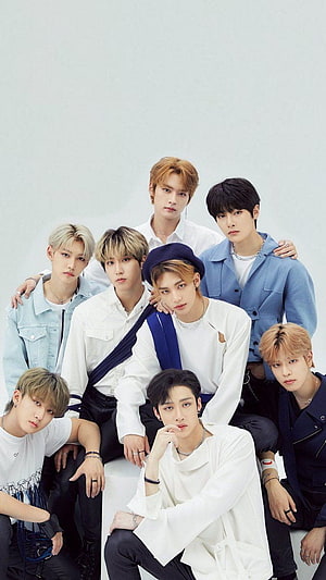 Stray Kids Blueprint Era Group Portrait in White and Blue Studio Setting HD phone wallpaper
