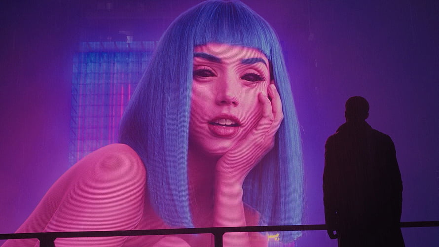 Joi from Blade Runner 2049 in a Neon-Lit Cyberpunk Scene HD wallpaper
