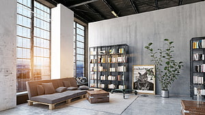 Industrial Loft Living Room With Concrete Walls, Bookshelves, And Large Windows HD wallpaper