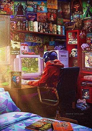 Retro Gaming Room Interior With Vintage Consoles And Classic Game Posters HD phone wallpaper