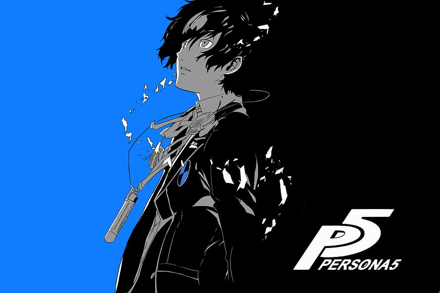 Joker from Persona 5 in high-contrast monochrome anime art with blue background HD wallpaper