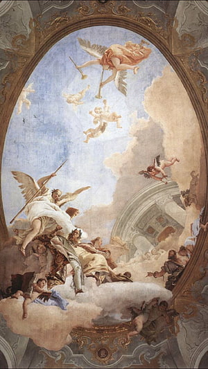 Baroque Ceiling Fresco Depicting Angels and Mythological Figures in Clouds HD phone wallpaper