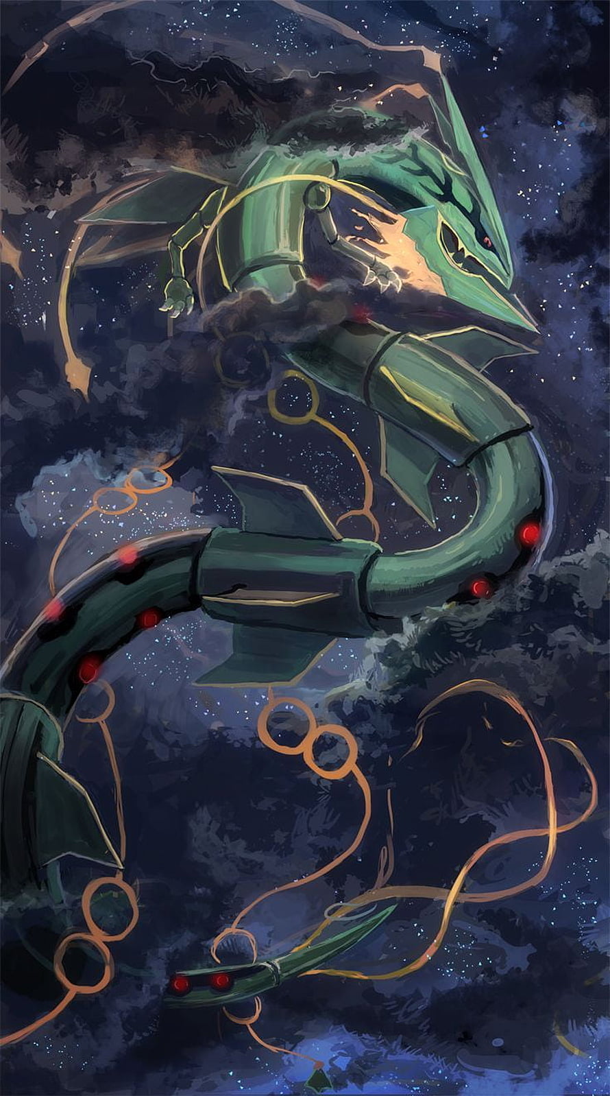 Rayquaza Coiling Through a Starry Night Sky in Dramatic Digital Art HD phone wallpaper