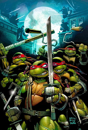 Teenage Mutant Ninja Turtles Comic Art: Four Turtles with Weapons Under a Full Moon HD phone wallpaper