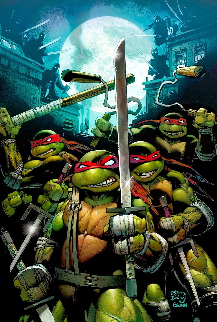Teenage Mutant Ninja Turtles Comic Art: Four Turtles with Weapons Under a Full Moon HD phone wallpaper