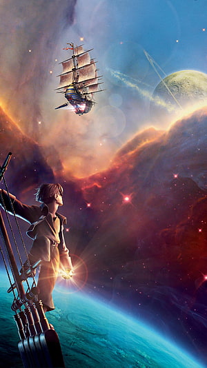 Treasure Planet Young Captain Gazing at Flying Ship in Cosmic Nebula HD phone wallpaper