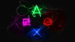 Neon PlayStation Controller Buttons Glowing on Dark Background HD wallpaper