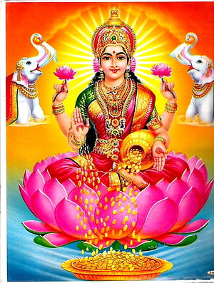 Goddess Lakshmi Seated on Lotus with Elephants and Gold Coins HD phone wallpaper