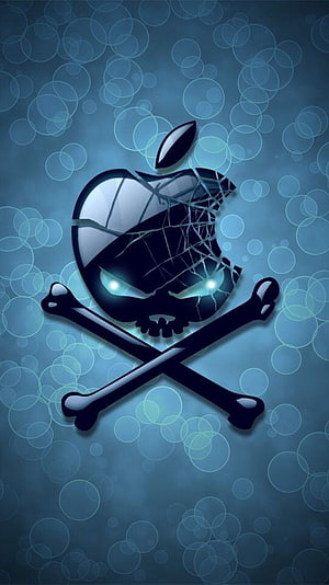 Cracked Apple Logo Skull with Crossed Bones on Blue Bubble Background HD phone wallpaper