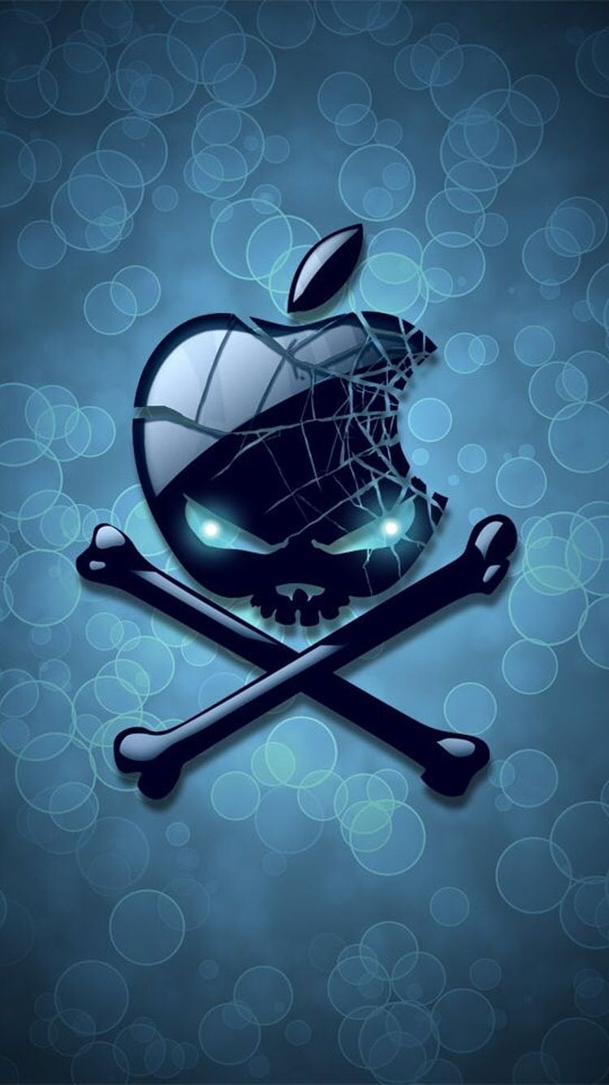 Cracked Apple Logo Skull with Crossed Bones on Blue Bubble Background HD phone wallpaper