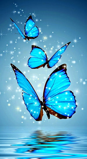 Three glowing blue morpho butterflies flying above a calm water surface with sparkling stars HD phone wallpaper