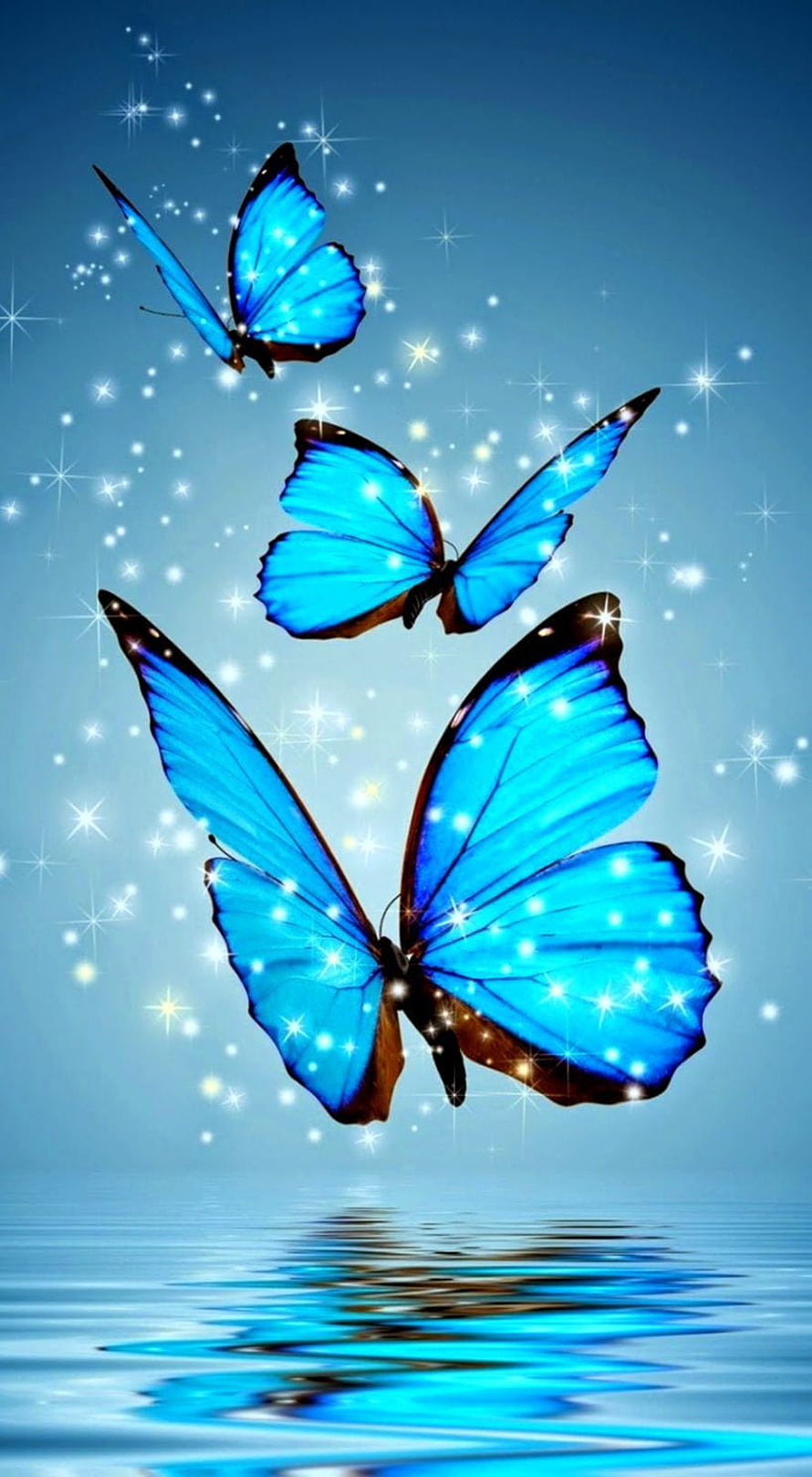 Three glowing blue morpho butterflies flying above a calm water surface with sparkling stars HD phone wallpaper